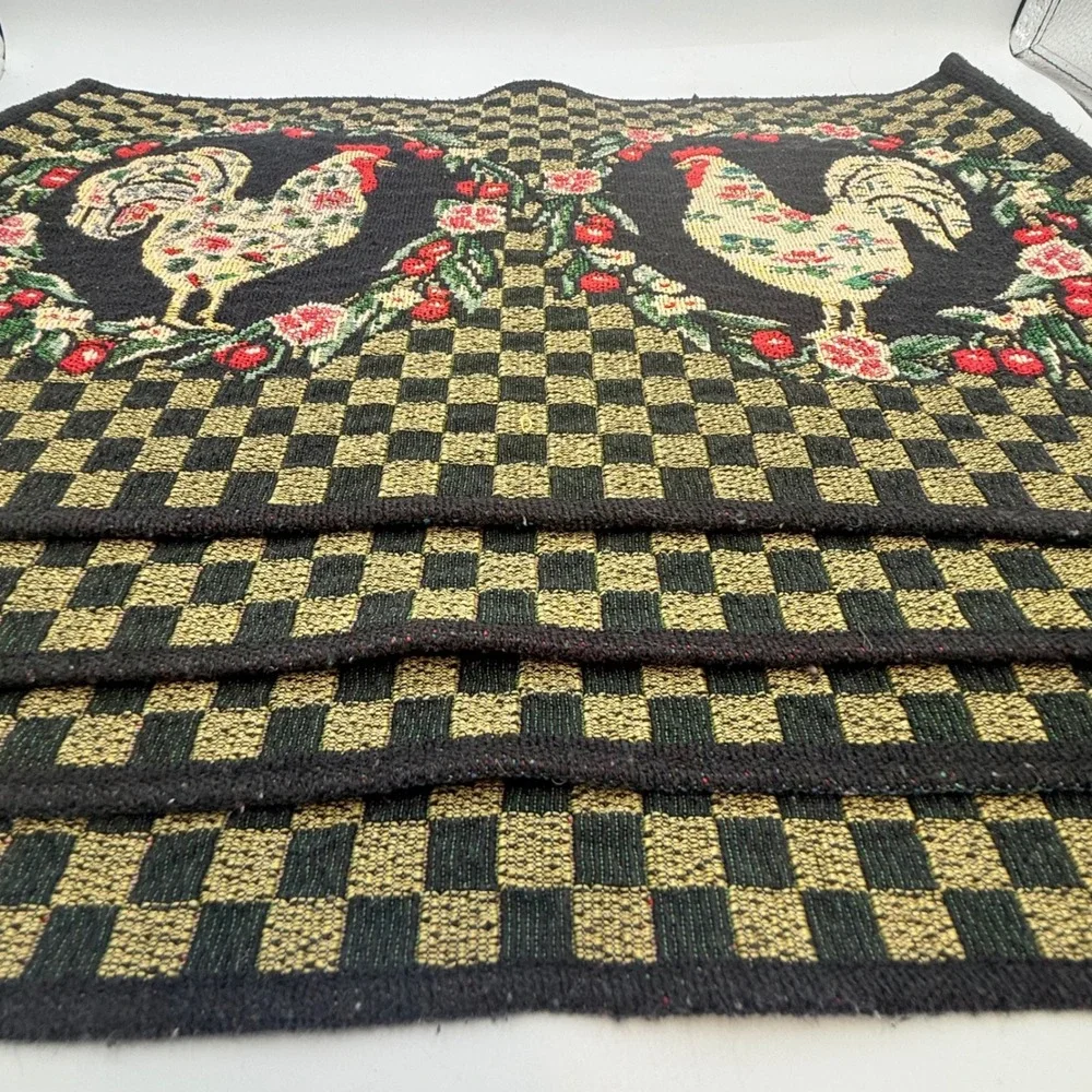 Set of 4 Woven Tapestry Rooster Placemats Farmhouse Country Checkered Floral